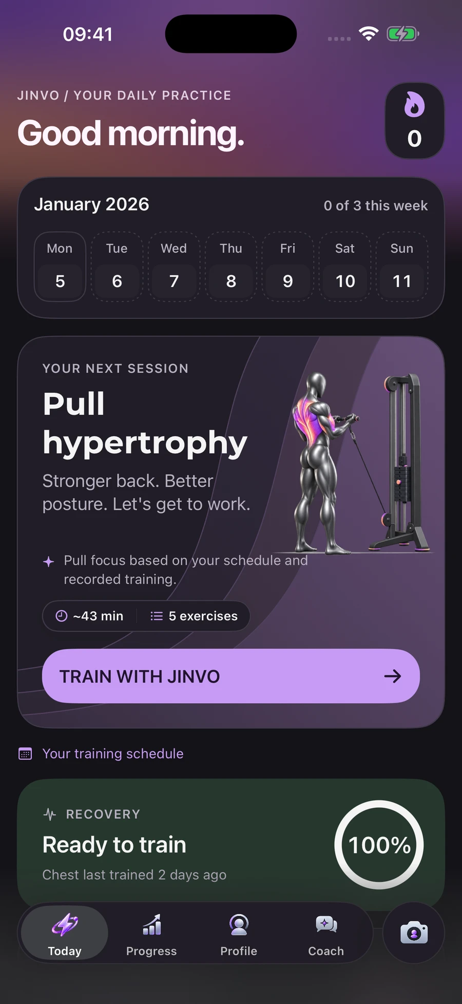 JINVO daily plan with your schedule and a personalized pull workout