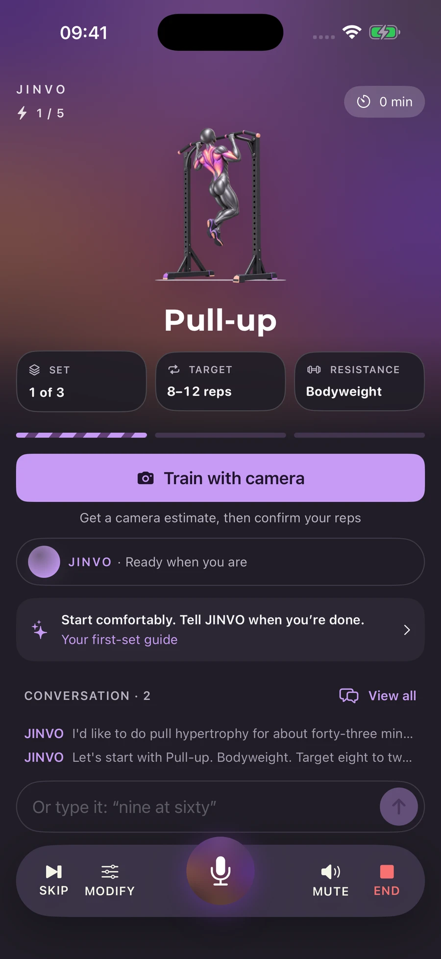 Latest JINVO workout screen with pull-up targets, camera training, conversation and voice controls
