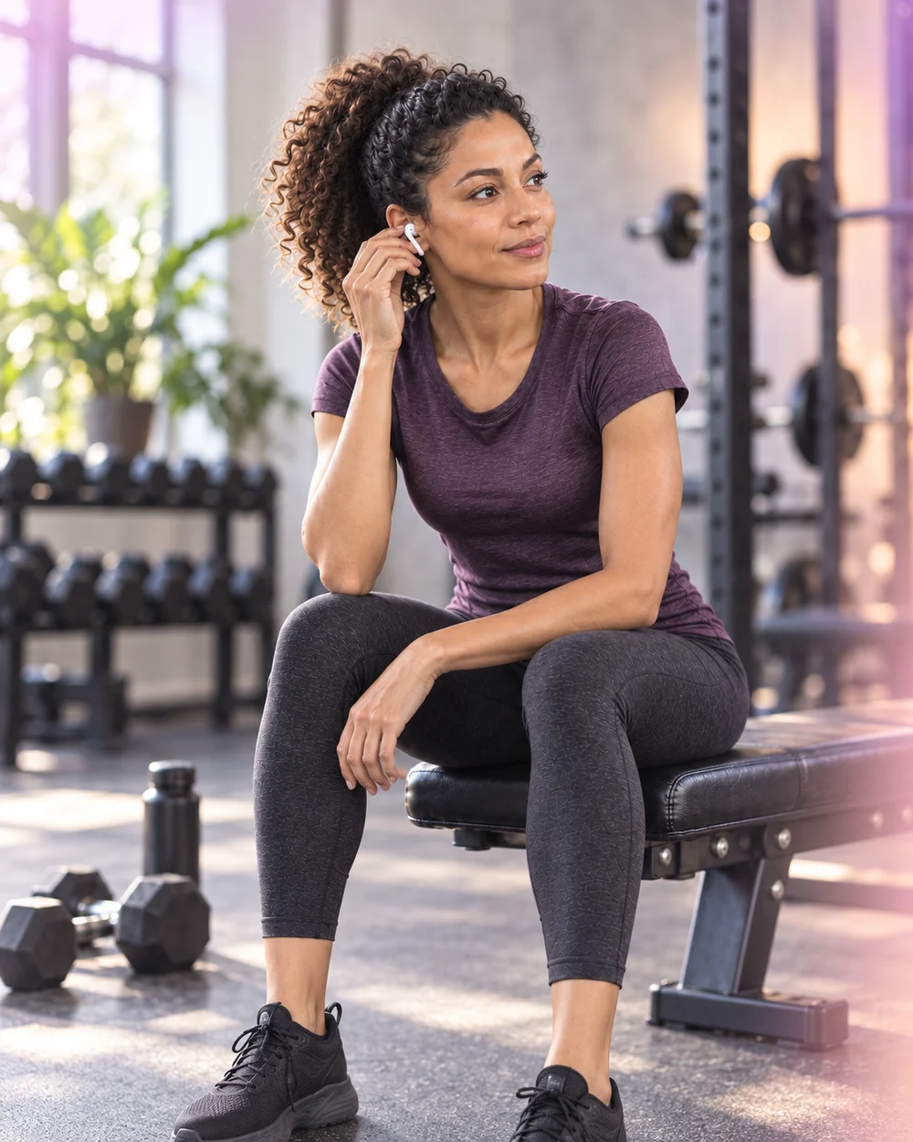 A woman in a gym putting in her earbuds before training